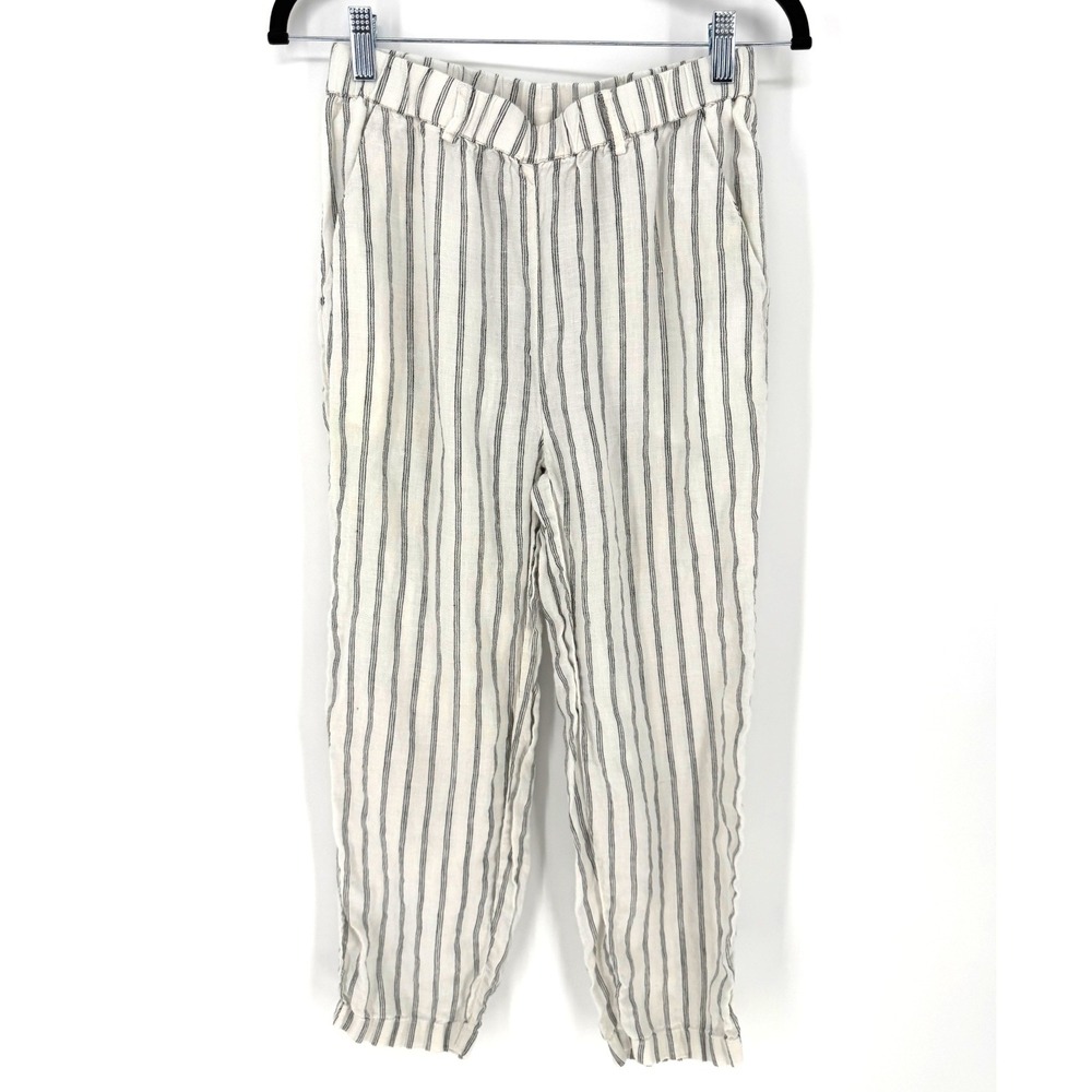 Quince Linen Pants Striped Small White Black Elastic Waist Pockets Sustainable